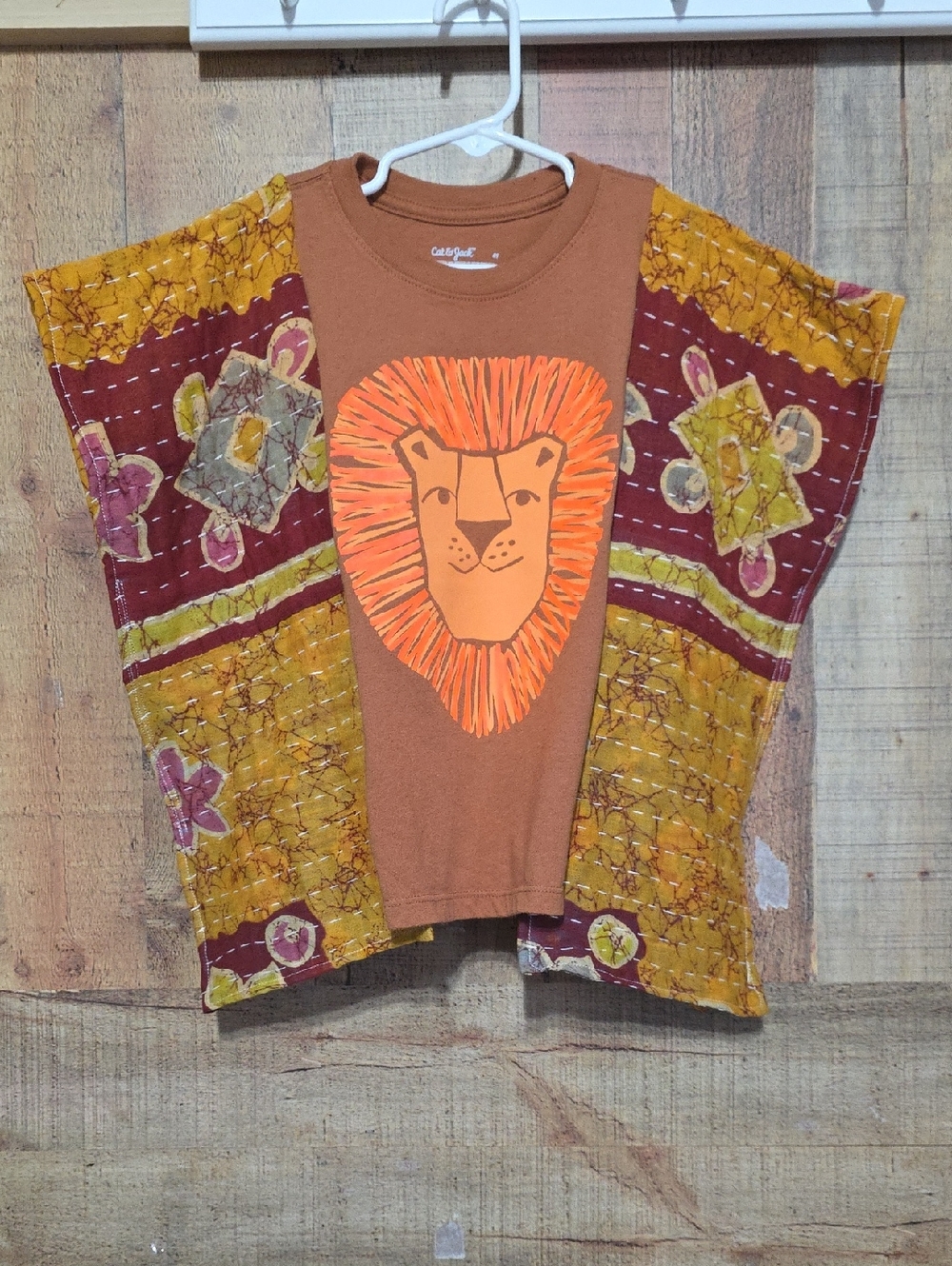 Kids Upcycled Brown Lion Graphic Tee with Patterned Kimono Poncho Sleeve